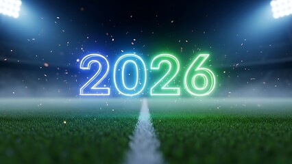 Neon glowing 2026 text over a blurred stadium field with bright spotlights