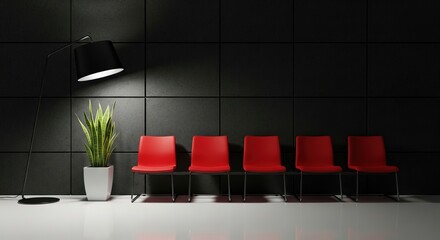 Modern waiting area with red chairs, a tall plant, and a spotlight against a dark tiled wall