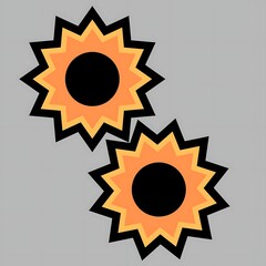 Two stylized sunflowers with black centers and jagged orange petals on a gray background