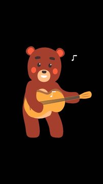 Cute 2D Animation of Cute Bear Playing Guitar Musical Instrument. Video with alpha channel, transparent background