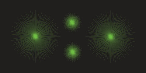 Green Neon Firework Bursts Radiating From Central Points for Celebration and Energy Imagery Visuals Collection