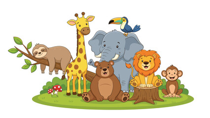 Naklejka premium Cute Cartoon Animals Group in Jungle Setting Safari Adventure Fun