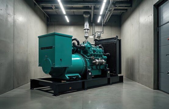 Diesel generator room with large teal engine. Standby power supply equipment inside industrial building. Machine for backup electricity generation.