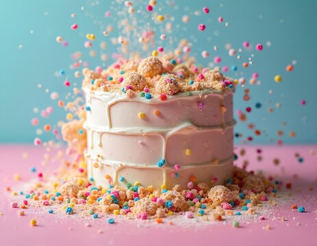 A smashed cake with white icing and colorful sprinkles is falling apart. Crumbs and candy pieces scatter across a pink surface against a bright blue background, suggesting a playful celebration.