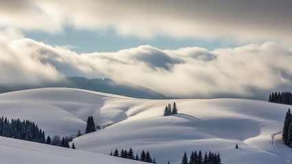 Snowy landscape with rolling hills and evergreen trees under cloudy sky