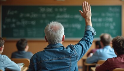 Older student raises hand during classroom lesson. Teacher questions students in educational setting. Focused learner participates in learning session, seeking knowledge in school environment.