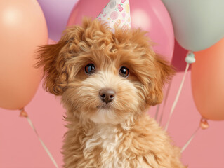 Cute dog celebrates birthday with balloons in a festive setting at a colorful party background