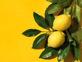 Lemons on green leaves against a bright yellow background in a simple arrangement