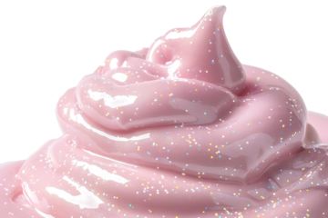 A swirl of pink cream is shown with a smooth texture. The cream has a soft shine and contains colorful holographic glitter. The background is clear and allows focus on the cream