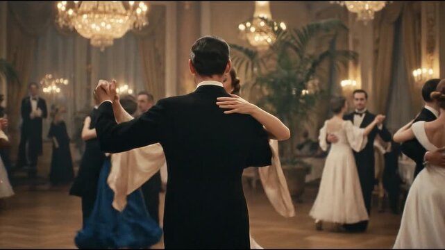 Elegant couples waltzing in a grand ballroom with chandeliers, classical d&eacute;cor, and a live orchestra creating a timeless, romantic atmosphere.