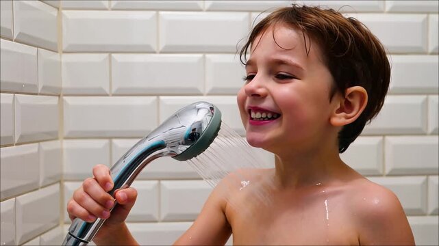 Young boy joyfully singing into a running showerhead against white subway tiles background