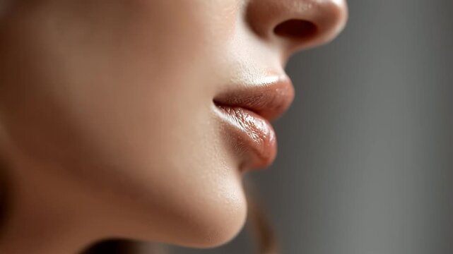 Close-up of a woman's lips and nose. The skin appears smooth and well-groomed. The lighting is soft, highlighting the contours of her face.