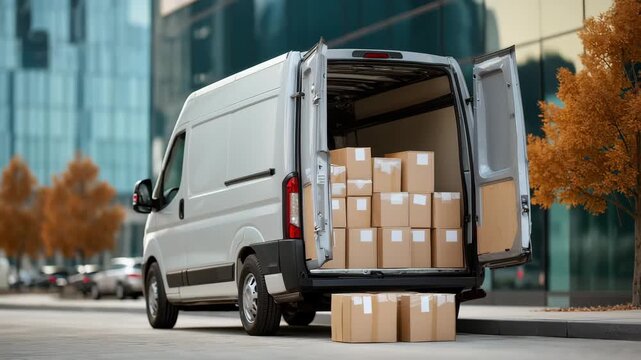 A delivery van parked on a city street with cardboard boxes stacked in the back and on the ground. Modern buildings are visible in the background.