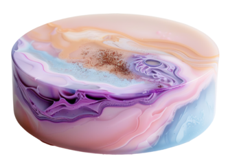 A round art podium features embedded pigments with a glossy surface. The colors blend together in unique patterns. This podium is cut out and set against a transparent background