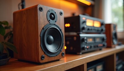 Vintage wooden speaker sits on shelf near stereo equipment. Retro audio setup with classic analog player. Warm ambient light on entertainment system.