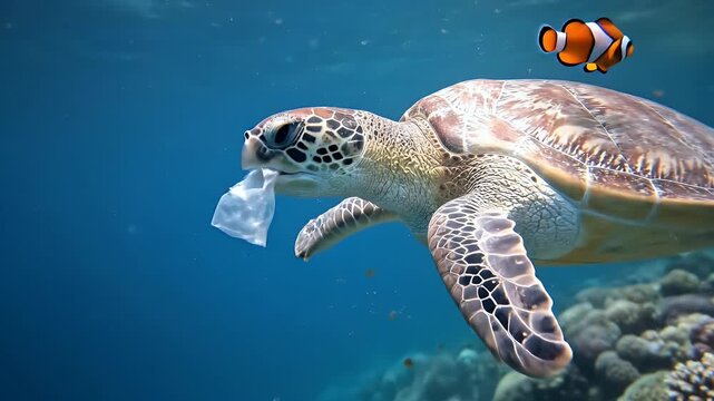Endangered Sea Turtle Mistaking Plastic Bag for Food in Polluted Ocean