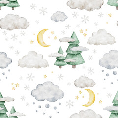 Crescent moon, clouds and stars. Cute winter seamless pattern with snoflakes. Watercolor Isolated weather baby illustration. Children's celestial background for kids goods,linen, pajamas and children