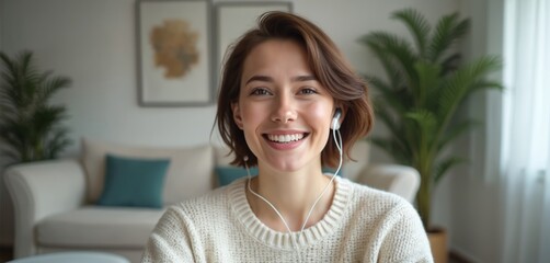 Smiling woman wearing earphones is talking on video call. She is in a cozy apartment, looking at the camera. She might be a teacher giving online lesson or influencer doing live stream.