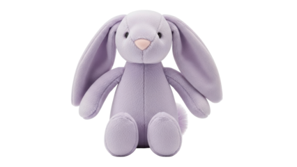 Isolated lavender purple plush bunny toy animal, floppy ears, sweet expression, soft material