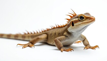 Fototapeta premium Illustration presents a detailed house lizard isolated against white backdrop. Reptile displays textured scales brown hue and spiky dorsal ridge. The reptile is a wildlife animal.
