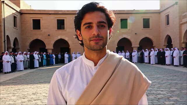Young Middle Eastern man in traditional attire stands outdoors before a group of assembled people