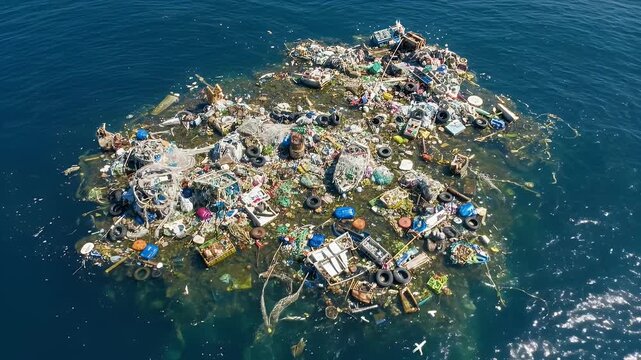 Massive floating island of ocean plastic waste polluting marine environment from aerial view
