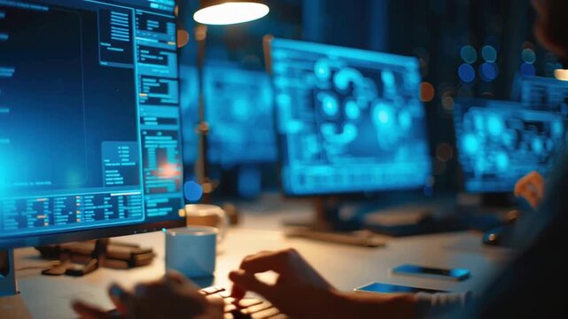 Small business cyber protection expert monitors network security monitoring dashboard blue light ensuring data defense focused teamwork security