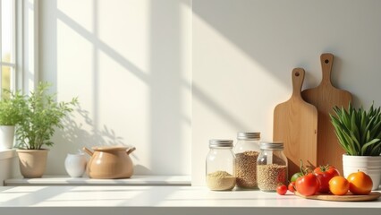 A bright minimalist kitchen countertop with wooden cutting boards, glass jars of grains, reusable containers and fresh vegetables, sustainable living healthy cooking and modern home design