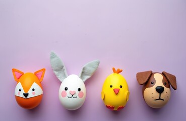 Obraz premium Handmade Easter eggs shaped like animals. Fox rabbit chick and dog eggs. Holiday concept on purple background. Creative art decoration for Easter celebration. Top view photo with copy space