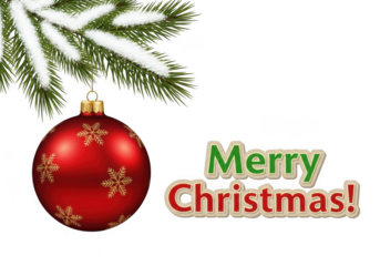 A festive red christmas ornament with snowflakes hangs from a snowcovered pine branch, next to the text merry christmas, isolated on transparent background
