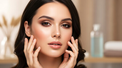 Glamorous portrait of a beautiful woman with perfect makeup and flawless skin, showcasing skincare and beauty