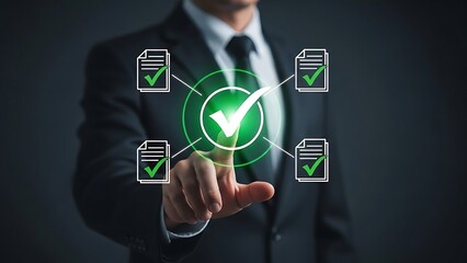 Businessman touching glowing green checkmark and document icons on screen hand digital