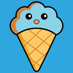 Cute cartoon blue ice cream cone character with happy expression on bright background
