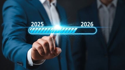 Businessman touching glowing progress bar from 2025 to 2026 loading bar future