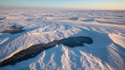An aerial shot showing the vast expanse of the snow-covered arctic tundra during sunset