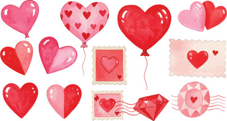 Watercolor heart collection with balloons, stamps, and diamond for romantic holiday celebrations