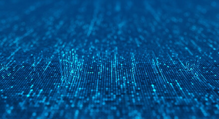 Dynamic blue digital data stream flowing across a futuristic matrix surface creating abstract technological background energy