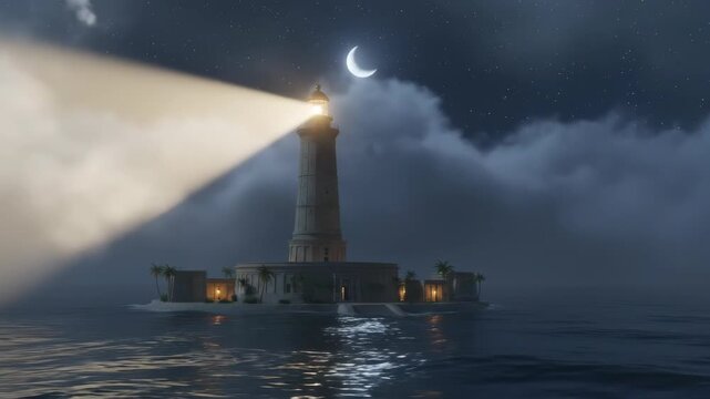 Lighthouse beam moving across ocean at night with clouds and crescent moon. Navigation aid during a storm.