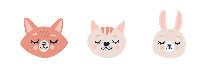 Cute animal faces vector set with adorable cartoon characters. Bear, dog, elephant heads for kids design. Perfect for nursery decoration, baby shower, birthday party prints. Vector illustration