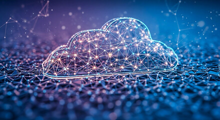 Stunning digital cloud computing network concept glowing with vibrant blue and purple light on a futuristic data surface