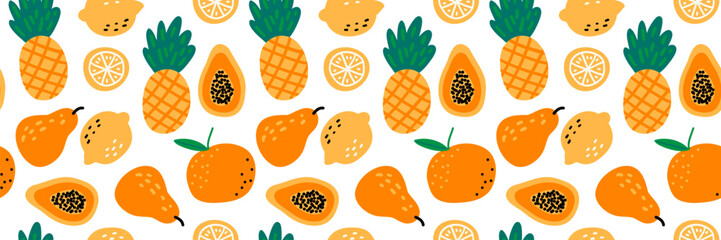 Seamless pattern with cute cartoon fruits, with lemons, oranges, papayas, pear. Perfect for kids textile, baby wallpaper, or summer fashion prints. Yellow and green vector illustration