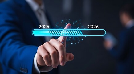 Hand touching futuristic progress bar from 2025 to 2026 with glowing particles future year
