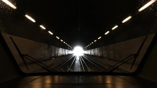 Train approaching bright light at the end of a long tunnel with visible tracks, running on rails