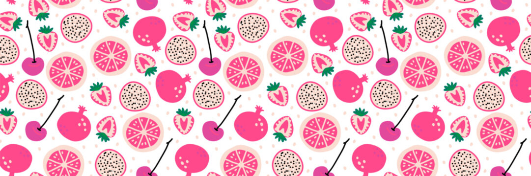Seamless fruity pattern with pink strawberries, cherries, grapefruits, pomegranates, and tropical slices. Bright playful background perfect for textiles, packaging, wrapping paper, and summer designs