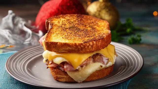 Melted cheese and ham stacked between golden toasted bread, creating a rich and indulgent grilled sandwich.