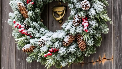A snowy evergreen christmas wreath decorated with pinecones and red berries on a rustic wooden door