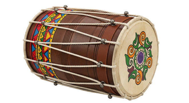 Traditional dholak drum with vibrant painted designs and natural leather body