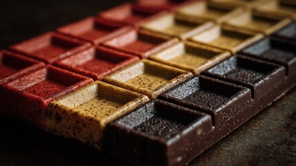 Close-Up of Colorful Chocolate Squares Arranged in a Neat Pattern on a Dark Surface for Culinary Inspiration