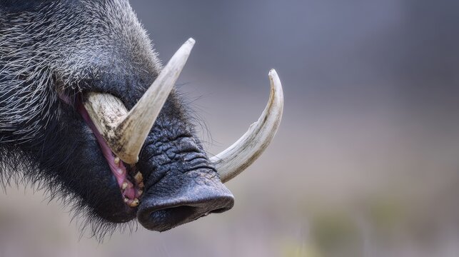 Close-up view of wild boar tusks showing sharp canines and rough texture, highlighting animal strength, wildlife detail, natural features, hunting concept, and forest creature characteristics