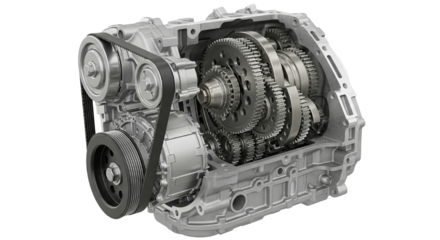 Detailed cross section view of a modern automotive transmission system showcasing internal gears and belt drive mechanism